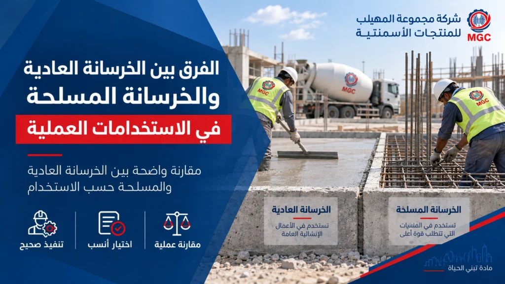 الفرق بين الخرسانة العادية والخرسانة المسلحة في الاستخدامات العملية
